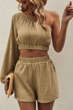 Load image into Gallery viewer, One-Shoulder Balloon Sleeve Crop Top and Shorts Set
