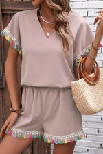 Load image into Gallery viewer, V-Neck Tassel Decor Top and Shorts Set
