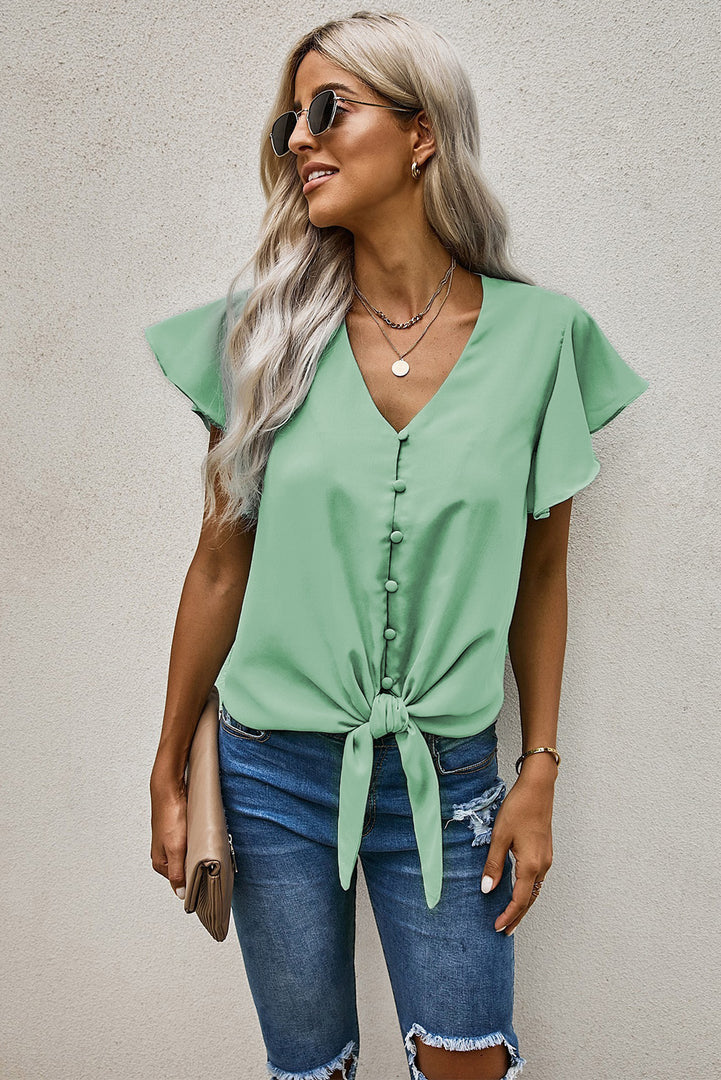 V-Neck Tie Hem Flutter Sleeve Blouse