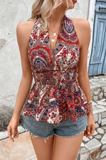 Load image into Gallery viewer, Printed Halter Neck Smocked Peplum Top
