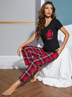 Load image into Gallery viewer, Heart Graphic V-Neck Top and Plaid Pants Lounge Set
