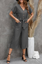 Load image into Gallery viewer, Button Front Belted Cropped Jumpsuit with Pockets
