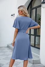 Load image into Gallery viewer, Tie Waist Flutter Sleeve Surplice Dress
