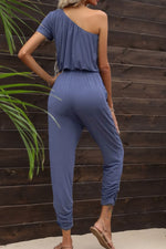 Load image into Gallery viewer, Drawstring Waist One-Shoulder Jumpsuit with Pockets
