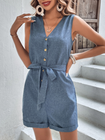 Load image into Gallery viewer, Tie-Waist Buttoned V-Neck Sleeveless Romper
