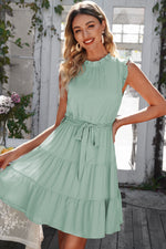 Load image into Gallery viewer, Ruffle Collar Tie Belt Tiered Dress
