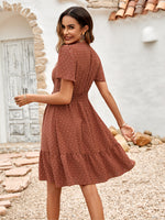 Load image into Gallery viewer, Swiss Dot V-Neck Openwork Puff Sleeve Dress
