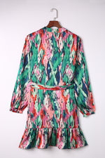 Load image into Gallery viewer, Abstract Print Belted Ruffle Hem Dress
