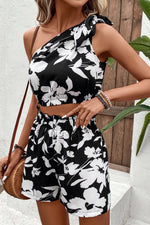 Load image into Gallery viewer, Floral One-Shoulder Cropped Tank and Shorts Set
