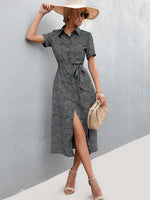 Load image into Gallery viewer, Printed Tie Waist Short Sleeve Shirt Dress
