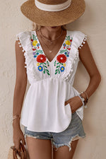 Load image into Gallery viewer, Embroidered Pom-Pom Trim Cap Sleeve Babydoll Top
