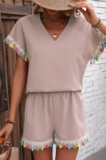 Load image into Gallery viewer, V-Neck Tassel Decor Top and Shorts Set
