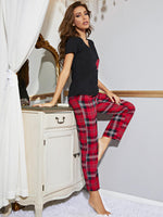 Load image into Gallery viewer, Heart Graphic V-Neck Top and Plaid Pants Lounge Set
