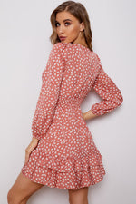 Load image into Gallery viewer, Printed Surplice Neck Puff Sleeve Ruffle Hem Dress
