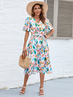 Load image into Gallery viewer, Printed Tie-Waist V-Neck Flutter Sleeve Dress
