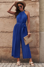 Load image into Gallery viewer, Accordion Pleated Belted Grecian Neck Sleeveless Jumpsuit
