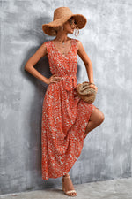 Load image into Gallery viewer, Printed V-Neck Tie Waist Maxi Dress
