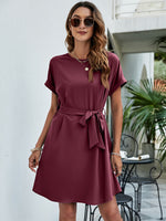 Load image into Gallery viewer, Belted Round Neck Curved Hem Dress
