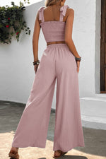 Load image into Gallery viewer, Tie Shoulder Smocked Crop Top and Wide Leg Pants Set
