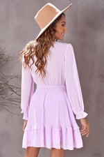 Load image into Gallery viewer, Tied Plunge Smocked Waist Flounce Sleeve Dress
