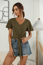 Load image into Gallery viewer, Decorative Button V-Neck Tied Blouse
