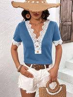 Load image into Gallery viewer, Decorative Button Spliced Lace Short Sleeve Top
