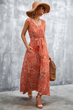 Load image into Gallery viewer, Printed V-Neck Tie Waist Maxi Dress
