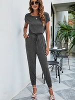 Load image into Gallery viewer, Drawstring Waist Short Sleeve Jogger Jumpsuit
