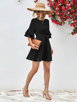 Load image into Gallery viewer, Round Neck Tie Belt Flounce Sleeve Dress
