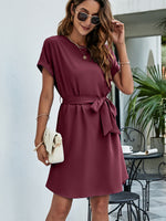 Load image into Gallery viewer, Belted Round Neck Curved Hem Dress
