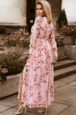 Load image into Gallery viewer, Floral Tie Belt Bishop Sleeve Slit Maxi Dress
