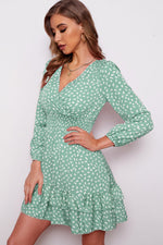 Load image into Gallery viewer, Printed Surplice Neck Puff Sleeve Ruffle Hem Dress
