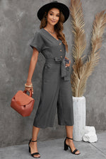 Load image into Gallery viewer, Button Front Belted Cropped Jumpsuit with Pockets
