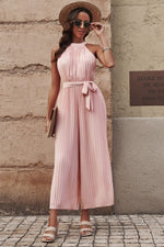 Load image into Gallery viewer, Accordion Pleated Belted Grecian Neck Sleeveless Jumpsuit
