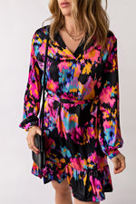 Load image into Gallery viewer, Abstract Print Belted Ruffle Hem Dress
