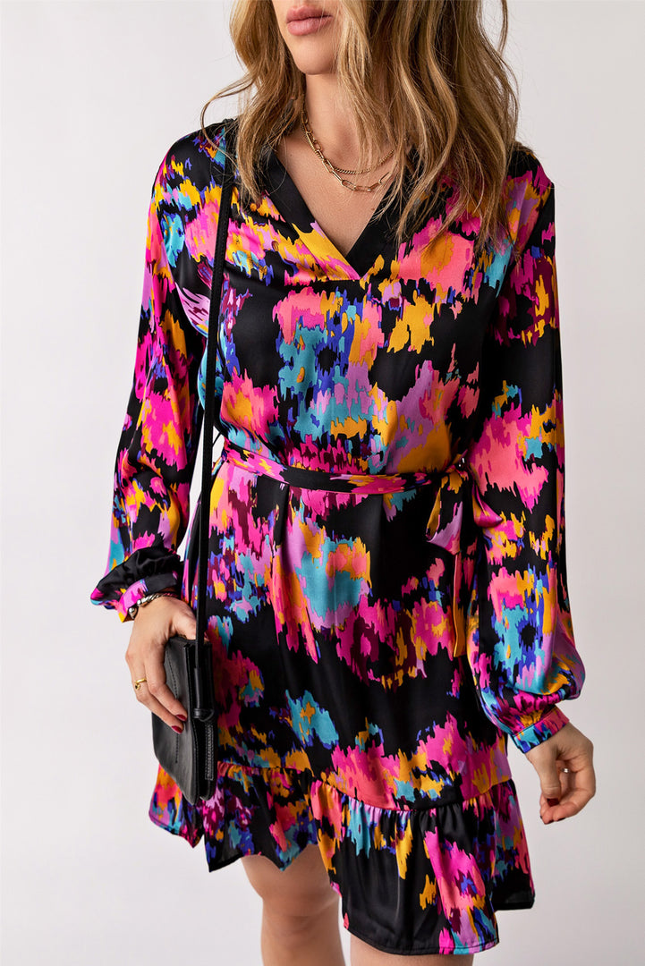 Abstract Print Belted Ruffle Hem Dress