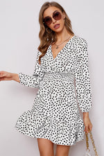 Load image into Gallery viewer, Printed Surplice Neck Puff Sleeve Ruffle Hem Dress
