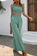 Load image into Gallery viewer, Tie Shoulder Smocked Crop Top and Wide Leg Pants Set

