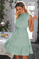 Load image into Gallery viewer, Ruffle Collar Tie Belt Tiered Dress
