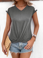 Load image into Gallery viewer, Spliced Lace V-Neck Twisted Hem Tee
