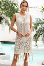 Load image into Gallery viewer, Fringe Trim Sleeveless Openwork Cover-Up Dress
