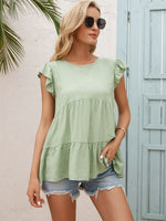 Load image into Gallery viewer, Round Neck Flutter Sleeve Tiered Blouse
