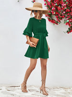 Load image into Gallery viewer, Round Neck Tie Belt Flounce Sleeve Dress
