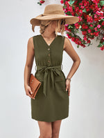 Load image into Gallery viewer, Buttoned V-Neck Belted Sleeveless Dress
