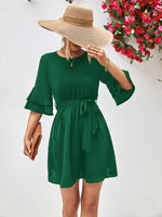 Load image into Gallery viewer, Round Neck Tie Belt Flounce Sleeve Dress
