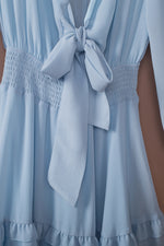 Load image into Gallery viewer, Tied Plunge Smocked Waist Flounce Sleeve Dress
