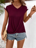 Load image into Gallery viewer, Spliced Lace V-Neck Twisted Hem Tee
