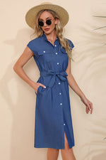 Load image into Gallery viewer, Button Down Belted Denim Dress
