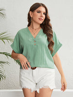 Load image into Gallery viewer, Plus Size Buttoned V-Neck Short Sleeve Top
