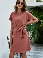 Load image into Gallery viewer, Belted Round Neck Curved Hem Dress
